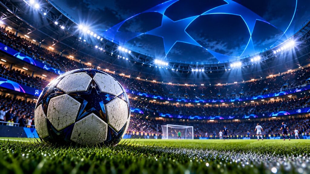 Mavi ışıklı büyük stadyum ve futbol topuyla Avrupa futbolu haberleri için temsili görsel