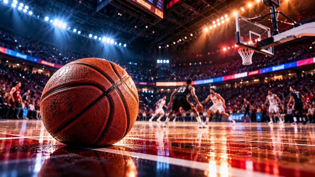 Basketbol topu, pota ve kapalı arena atmosferiyle basketbol haberleri için temsili görsel