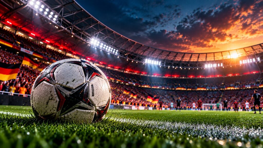 Futbol topu, Alman tribün renkleri ve stadyum atmosferiyle Bundesliga haberleri için temsili görsel