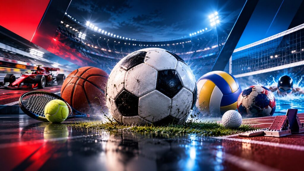 Futbol, basketbol, voleybol, tenis ve diğer branşları bir araya getiren genel spor görseli