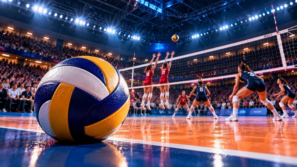 Voleybol topu ve file önünde mücadele eden oyuncularla voleybol haberleri için temsili görsel